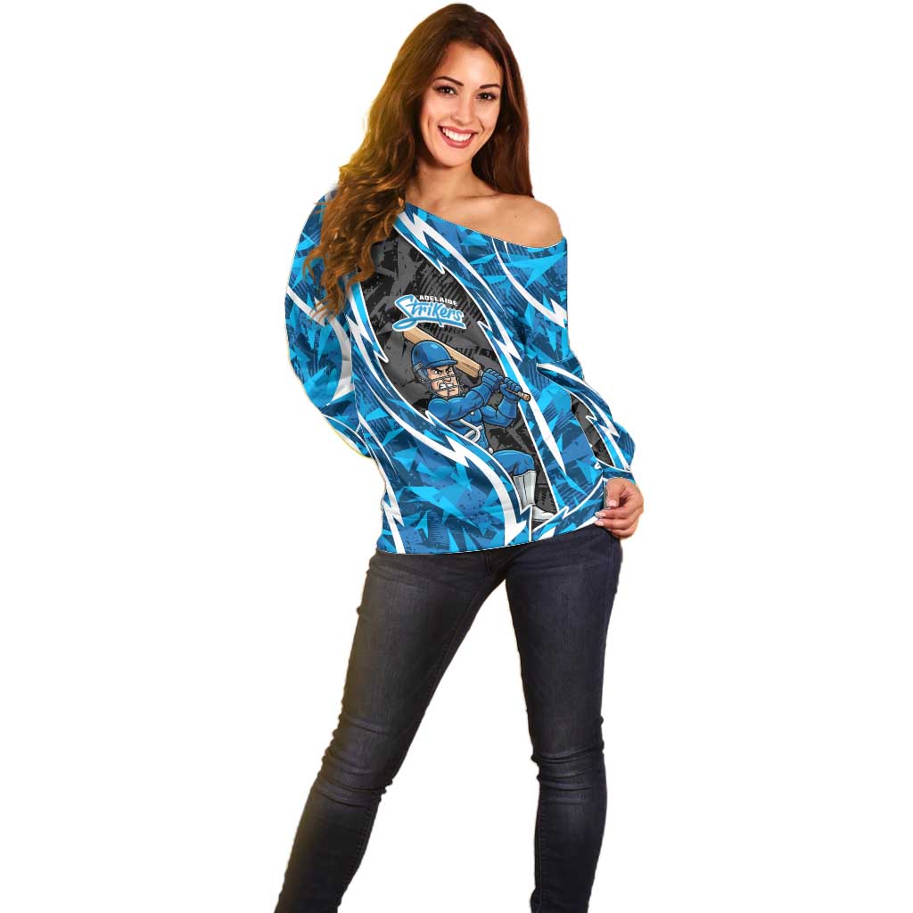 Adelaide Strikers Off Shoulder Sweater Flaming Lightning Storm Geometric Sports Mascot Art