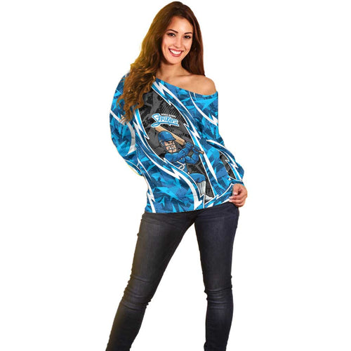 Adelaide Strikers Off Shoulder Sweater Flaming Lightning Storm Geometric Sports Mascot Art