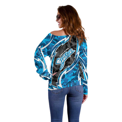 Adelaide Strikers Off Shoulder Sweater Flaming Lightning Storm Geometric Sports Mascot Art