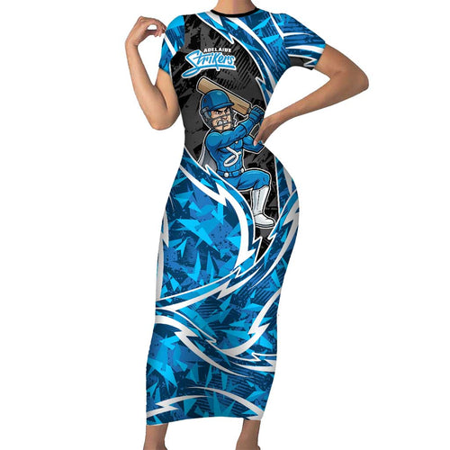 Adelaide Strikers Short Sleeve Bodycon Dress Flaming Lightning Storm Geometric Sports Mascot Art