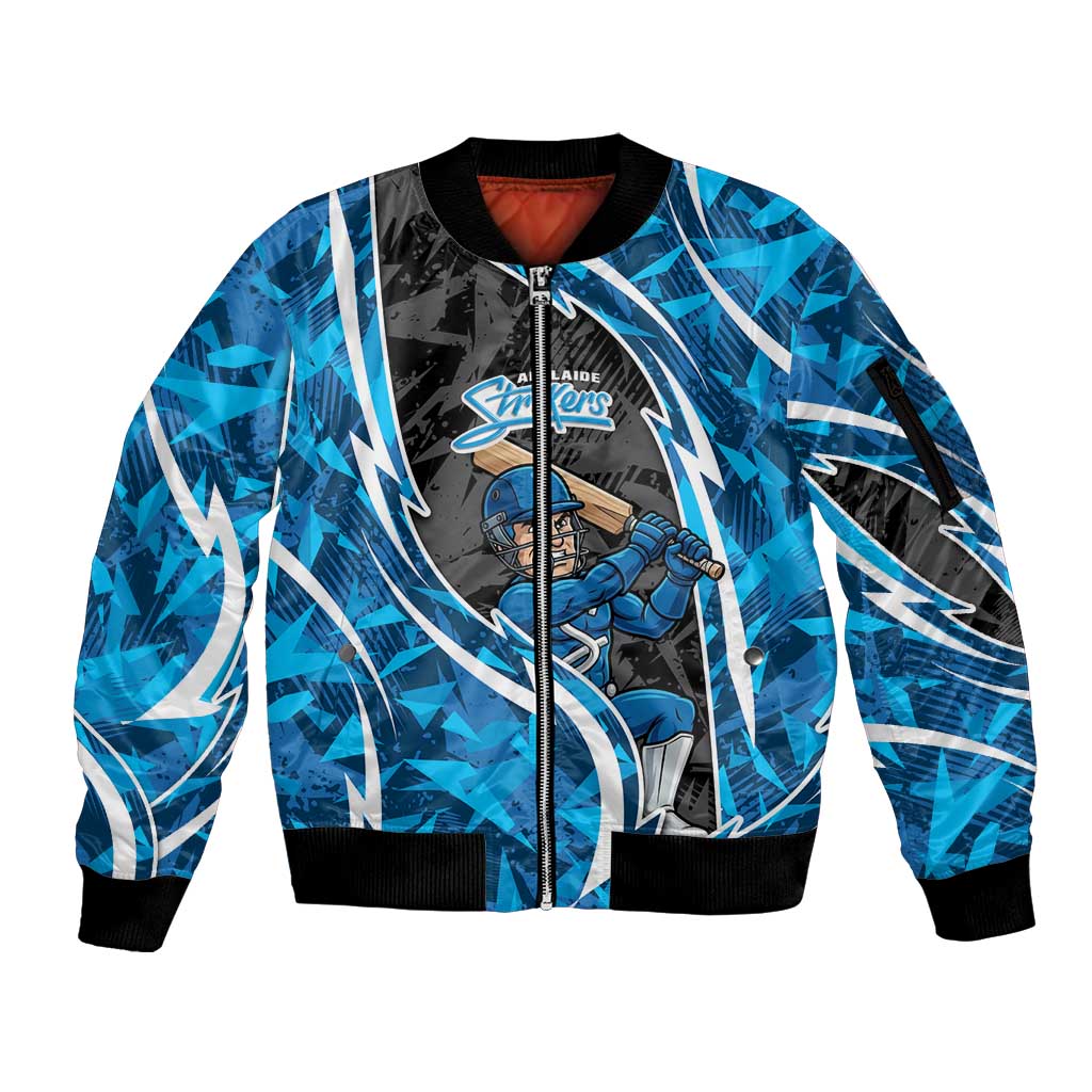 Adelaide Strikers Sleeve Zip Bomber Jacket Flaming Lightning Storm Geometric Sports Mascot Art