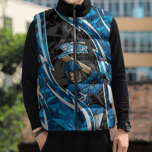 Adelaide Strikers Sleeveless Puffer Jacket Flaming Lightning Storm Geometric Sports Mascot Art