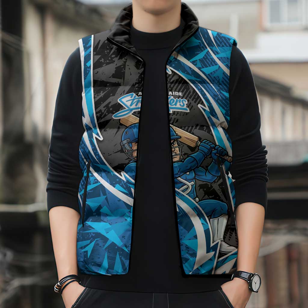 Adelaide Strikers Sleeveless Puffer Jacket Flaming Lightning Storm Geometric Sports Mascot Art