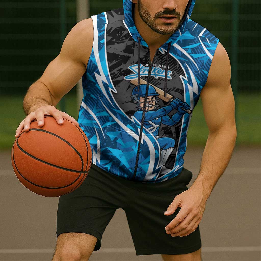 Adelaide Strikers Sleeveless Zip Hoodie Flaming Lightning Storm Geometric Sports Mascot Art