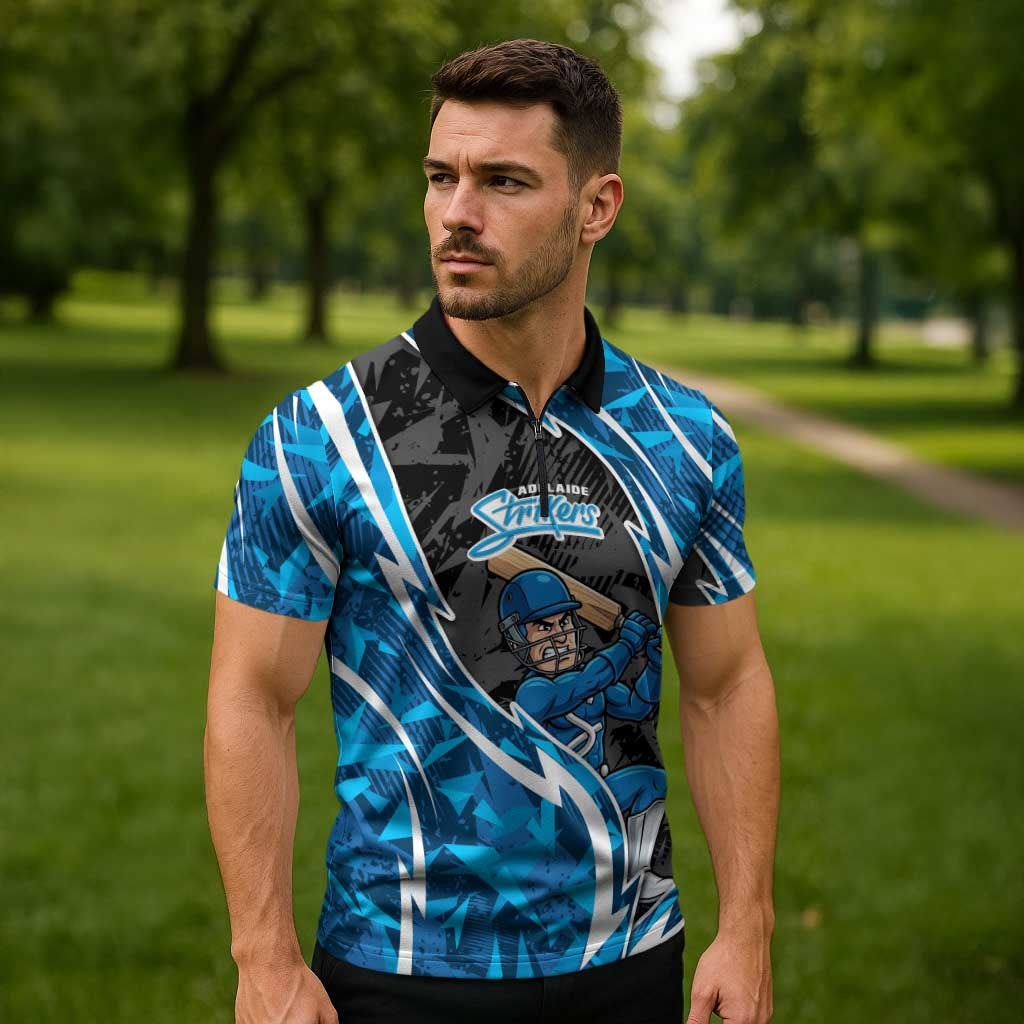 Adelaide Strikers Zipper Polo Shirt Flaming Lightning Storm Geometric Sports Mascot Art