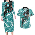 Brisbane Heat Couples Matching Long Sleeve Bodycon Dress and Hawaiian Shirt Flaming Lightning Storm Geometric Sports Mascot Art