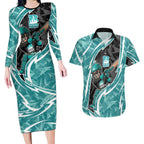 Brisbane Heat Couples Matching Long Sleeve Bodycon Dress and Hawaiian Shirt Flaming Lightning Storm Geometric Sports Mascot Art
