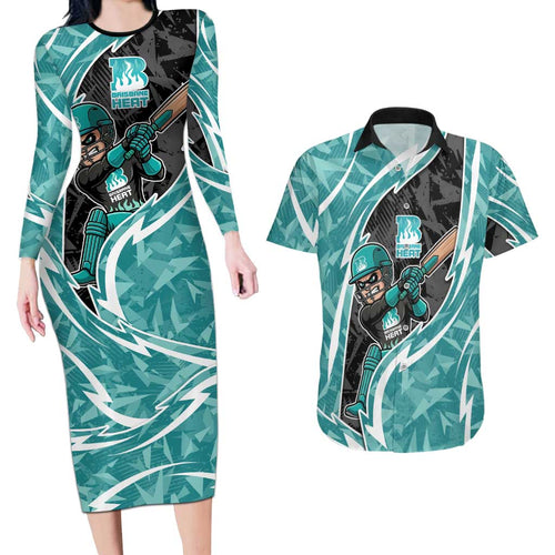 Brisbane Heat Couples Matching Long Sleeve Bodycon Dress and Hawaiian Shirt Flaming Lightning Storm Geometric Sports Mascot Art