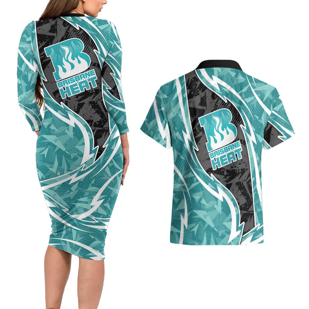 Brisbane Heat Couples Matching Long Sleeve Bodycon Dress and Hawaiian Shirt Flaming Lightning Storm Geometric Sports Mascot Art