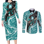 Brisbane Heat Couples Matching Long Sleeve Bodycon Dress and Long Sleeve Button Shirt Flaming Lightning Storm Geometric Sports Mascot Art