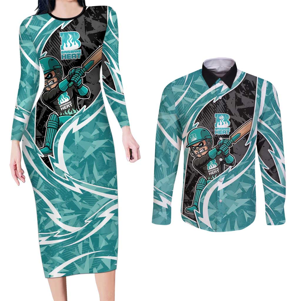 Brisbane Heat Couples Matching Long Sleeve Bodycon Dress and Long Sleeve Button Shirt Flaming Lightning Storm Geometric Sports Mascot Art