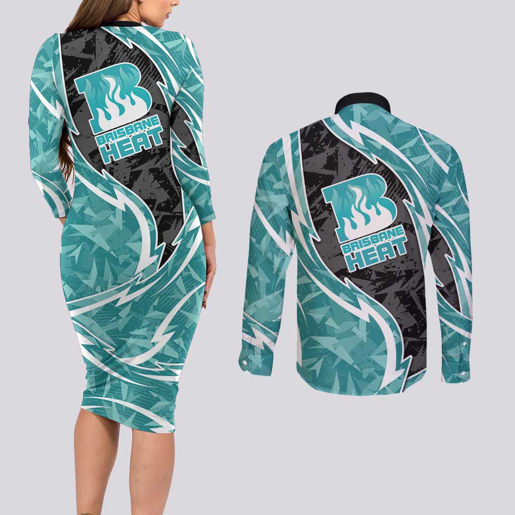 Brisbane Heat Couples Matching Long Sleeve Bodycon Dress and Long Sleeve Button Shirt Flaming Lightning Storm Geometric Sports Mascot Art