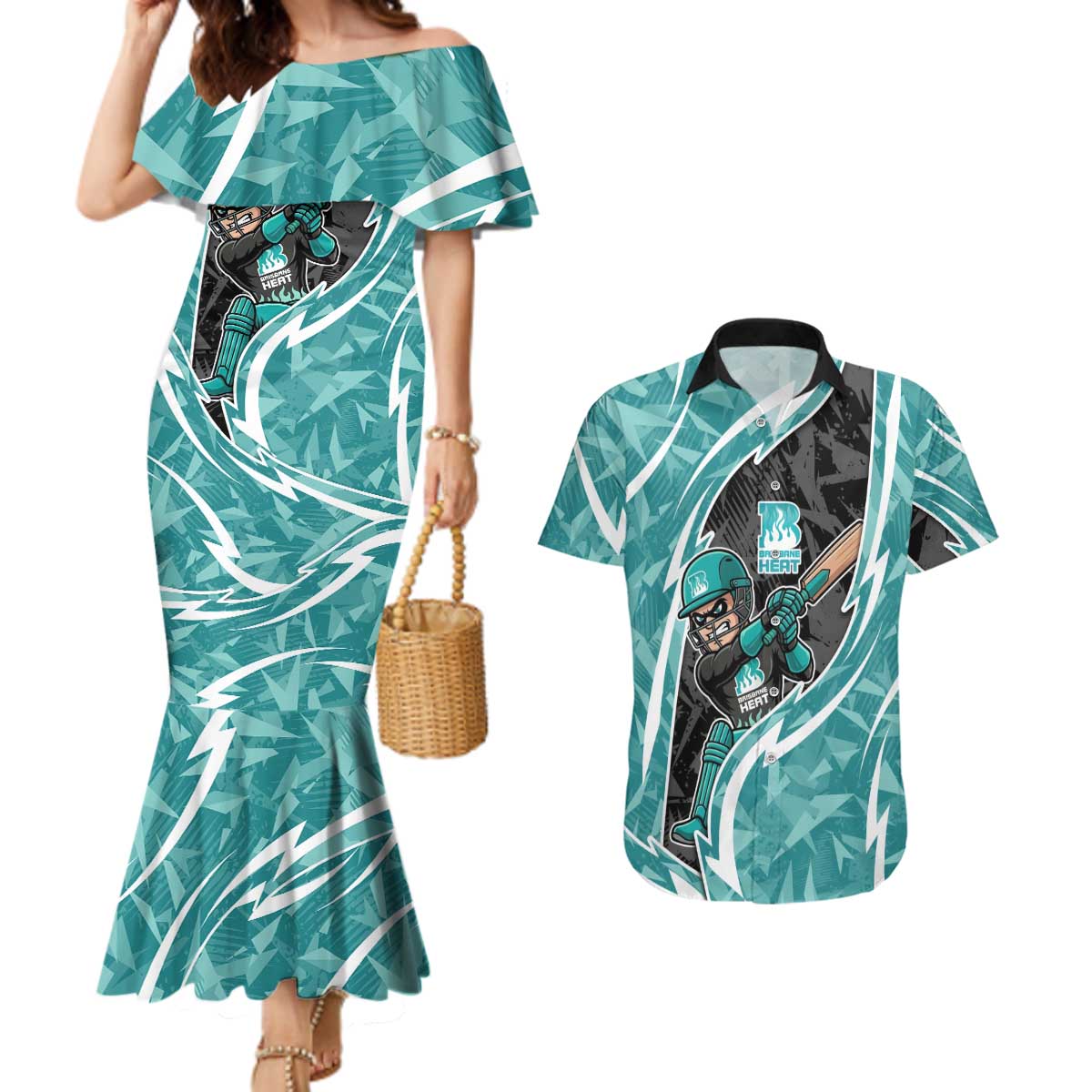Brisbane Heat Couples Matching Mermaid Dress and Hawaiian Shirt Flaming Lightning Storm Geometric Sports Mascot Art