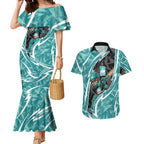 Brisbane Heat Couples Matching Mermaid Dress and Hawaiian Shirt Flaming Lightning Storm Geometric Sports Mascot Art