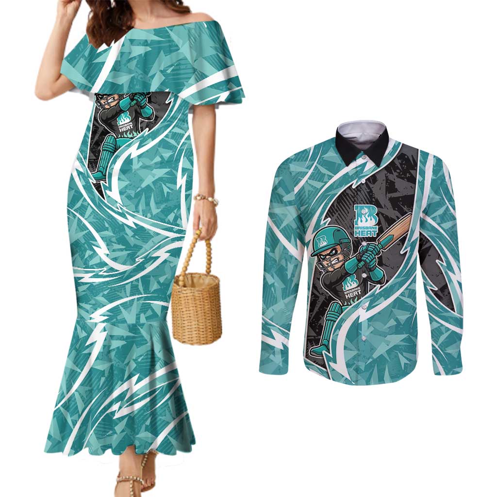 Brisbane Heat Couples Matching Mermaid Dress and Long Sleeve Button Shirt Flaming Lightning Storm Geometric Sports Mascot Art