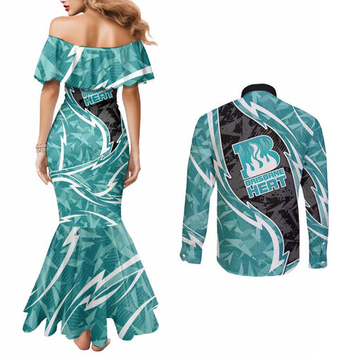 Brisbane Heat Couples Matching Mermaid Dress and Long Sleeve Button Shirt Flaming Lightning Storm Geometric Sports Mascot Art