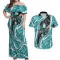 Brisbane Heat Couples Matching Off Shoulder Maxi Dress and Hawaiian Shirt Flaming Lightning Storm Geometric Sports Mascot Art