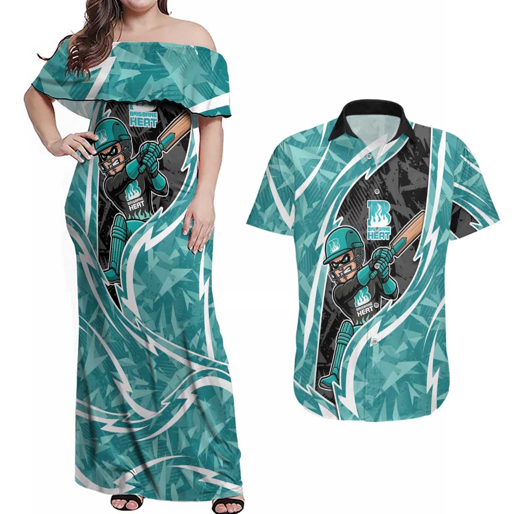 Brisbane Heat Couples Matching Off Shoulder Maxi Dress and Hawaiian Shirt Flaming Lightning Storm Geometric Sports Mascot Art