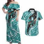 Brisbane Heat Couples Matching Off Shoulder Maxi Dress and Hawaiian Shirt Flaming Lightning Storm Geometric Sports Mascot Art