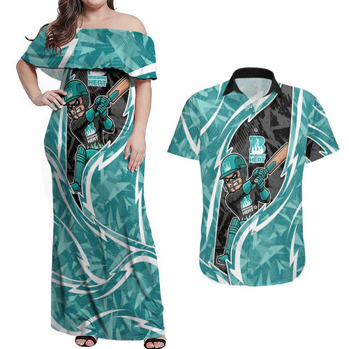 Brisbane Heat Couples Matching Off Shoulder Maxi Dress and Hawaiian Shirt Flaming Lightning Storm Geometric Sports Mascot Art
