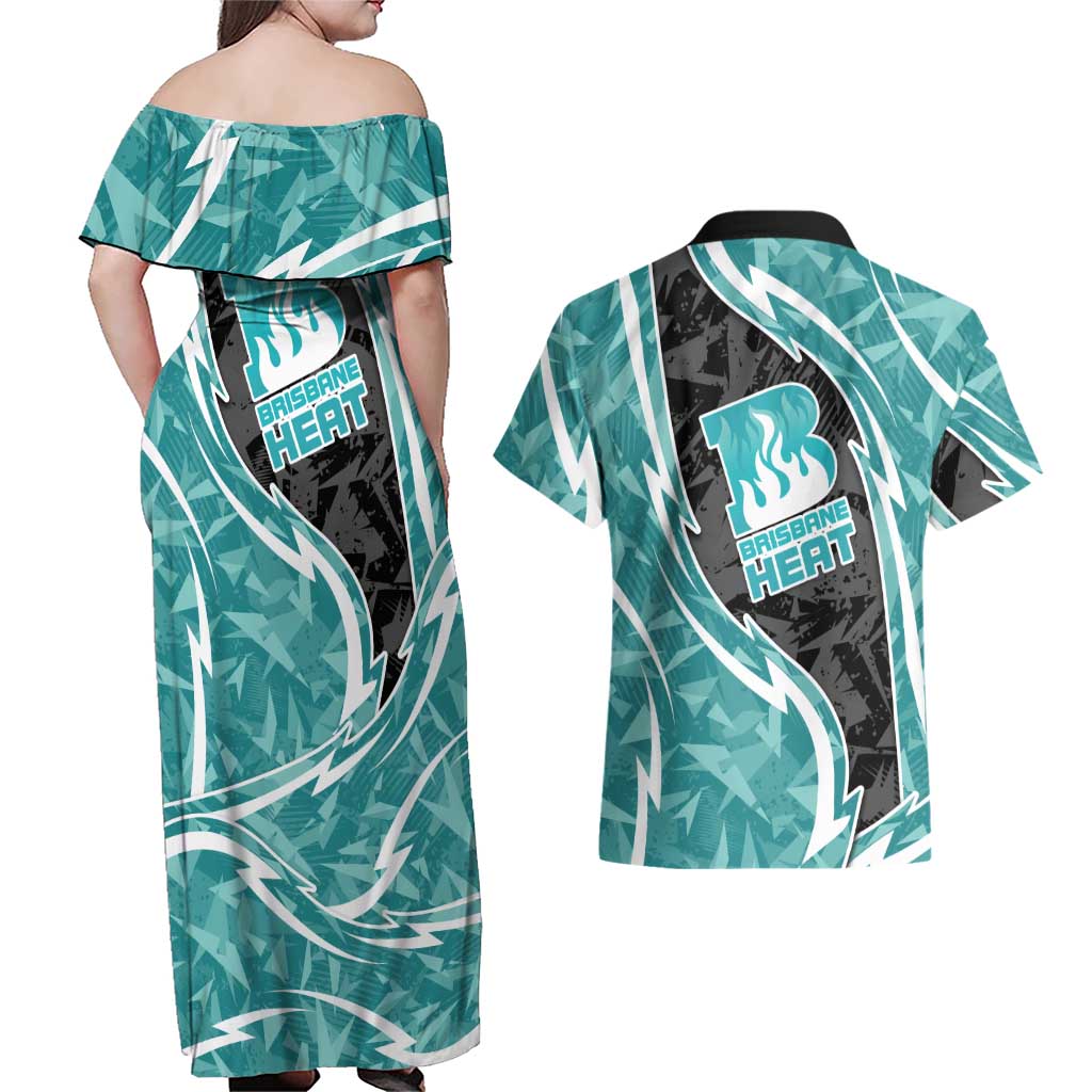 Brisbane Heat Couples Matching Off Shoulder Maxi Dress and Hawaiian Shirt Flaming Lightning Storm Geometric Sports Mascot Art