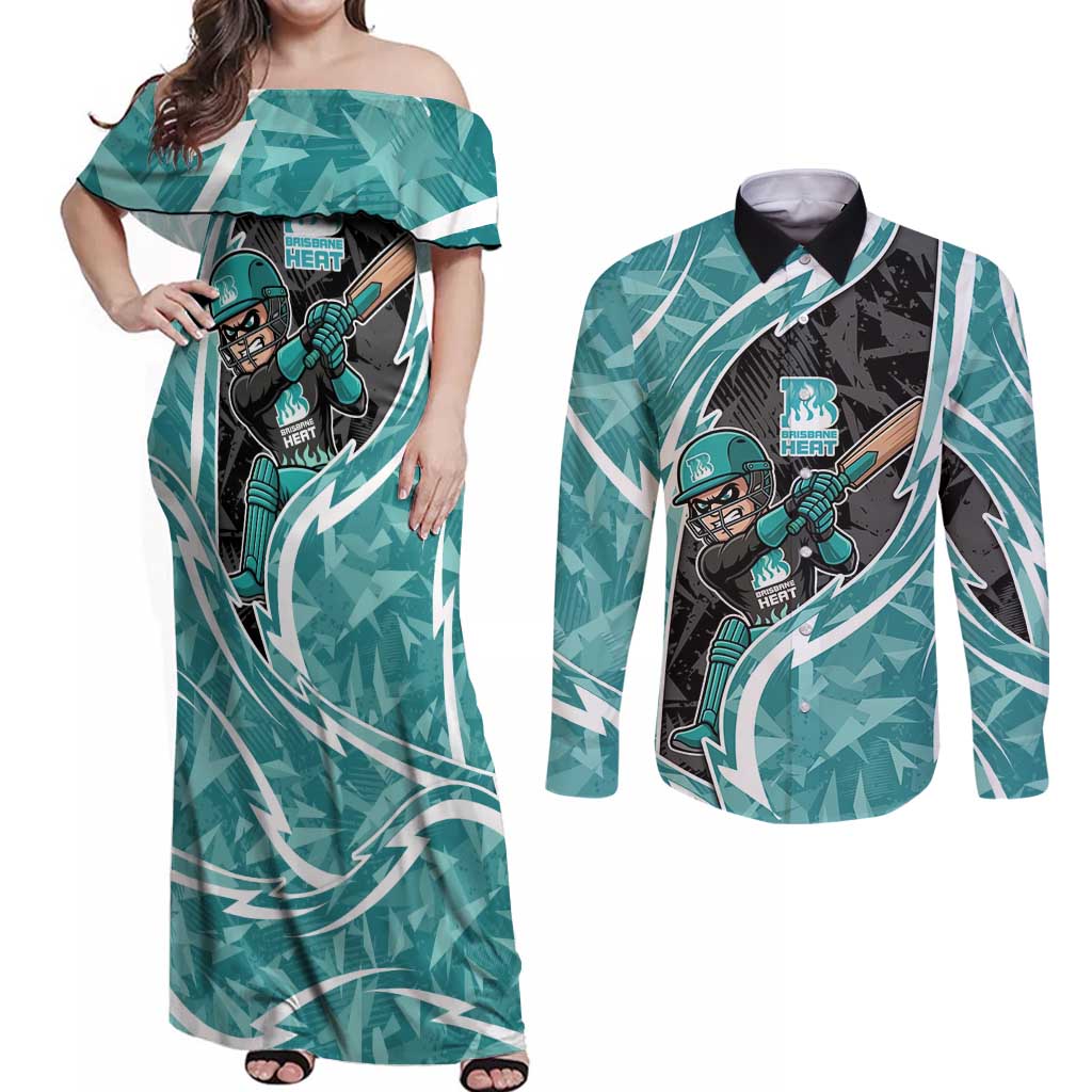 Brisbane Heat Couples Matching Off Shoulder Maxi Dress and Long Sleeve Button Shirt Flaming Lightning Storm Geometric Sports Mascot Art