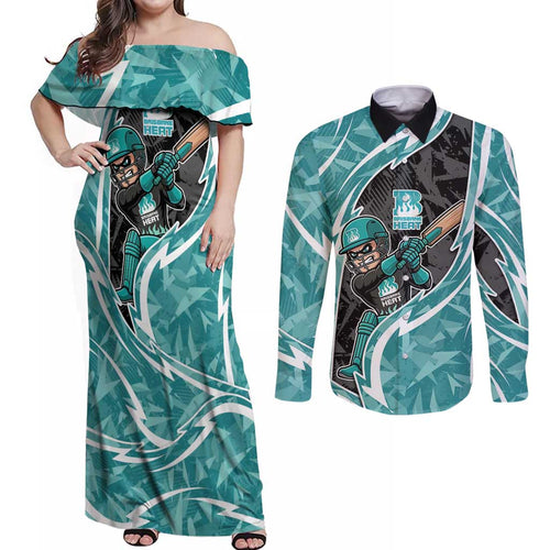 Brisbane Heat Couples Matching Off Shoulder Maxi Dress and Long Sleeve Button Shirt Flaming Lightning Storm Geometric Sports Mascot Art