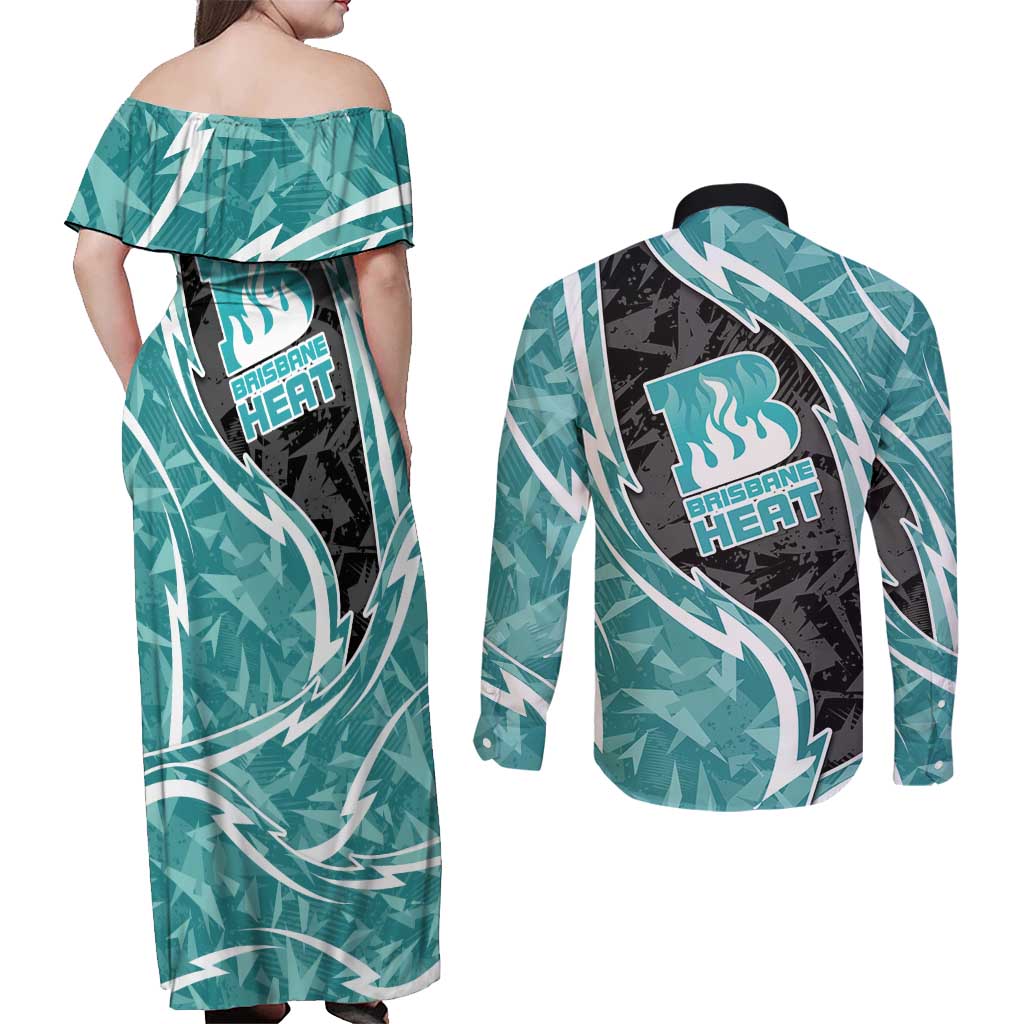 Brisbane Heat Couples Matching Off Shoulder Maxi Dress and Long Sleeve Button Shirt Flaming Lightning Storm Geometric Sports Mascot Art