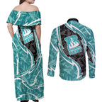 Brisbane Heat Couples Matching Off Shoulder Maxi Dress and Long Sleeve Button Shirt Flaming Lightning Storm Geometric Sports Mascot Art