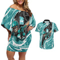 Brisbane Heat Couples Matching Off Shoulder Short Dress and Hawaiian Shirt Flaming Lightning Storm Geometric Sports Mascot Art
