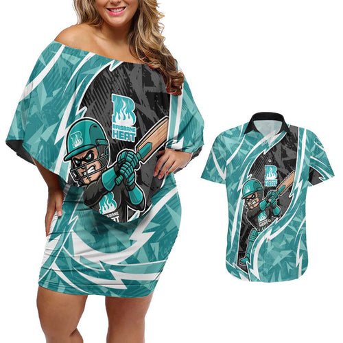 Brisbane Heat Couples Matching Off Shoulder Short Dress and Hawaiian Shirt Flaming Lightning Storm Geometric Sports Mascot Art