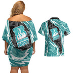 Brisbane Heat Couples Matching Off Shoulder Short Dress and Hawaiian Shirt Flaming Lightning Storm Geometric Sports Mascot Art
