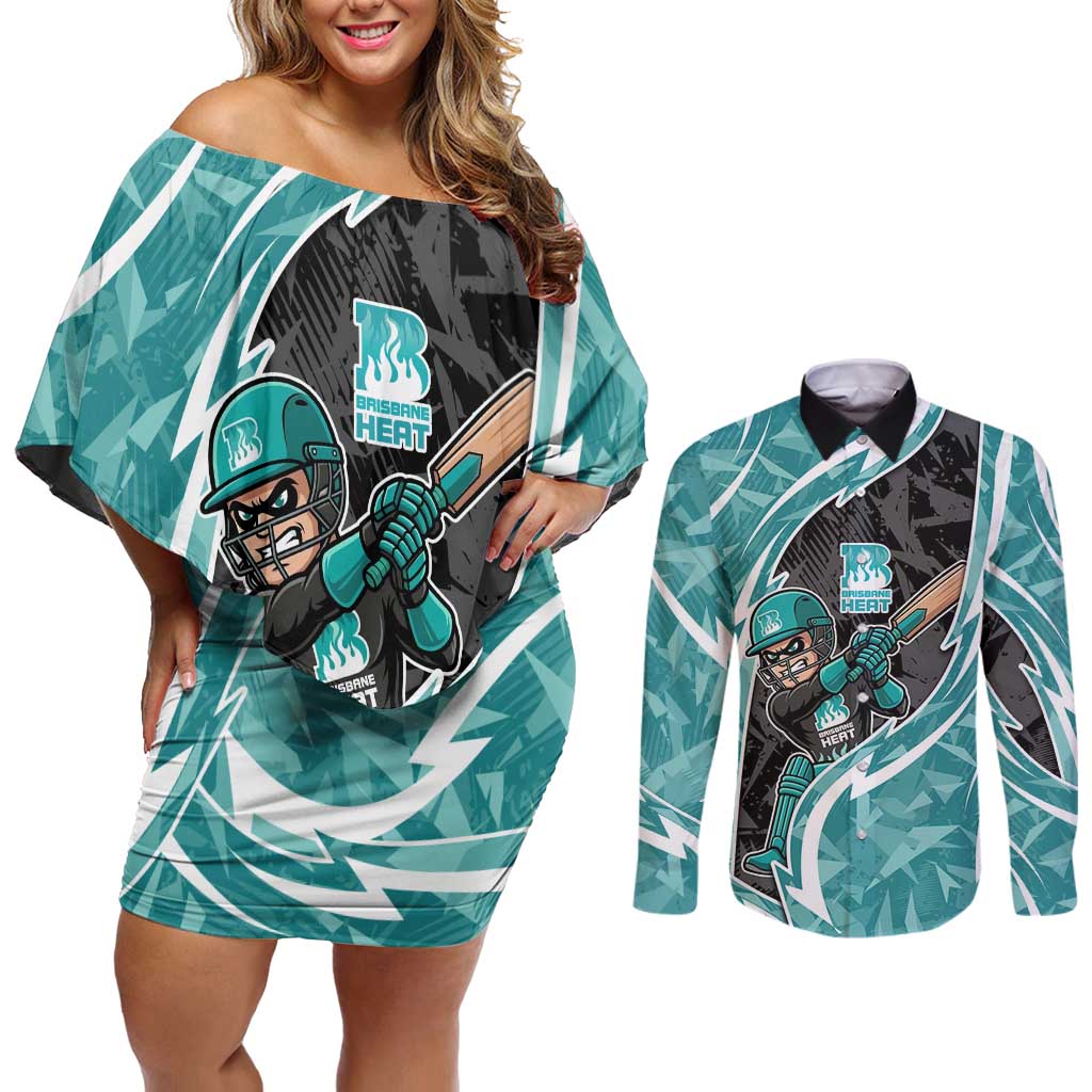 Brisbane Heat Couples Matching Off Shoulder Short Dress and Long Sleeve Button Shirt Flaming Lightning Storm Geometric Sports Mascot Art