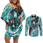Brisbane Heat Couples Matching Off Shoulder Short Dress and Long Sleeve Button Shirt Flaming Lightning Storm Geometric Sports Mascot Art