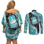 Brisbane Heat Couples Matching Off Shoulder Short Dress and Long Sleeve Button Shirt Flaming Lightning Storm Geometric Sports Mascot Art
