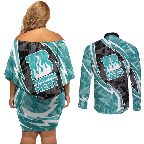 Brisbane Heat Couples Matching Off Shoulder Short Dress and Long Sleeve Button Shirt Flaming Lightning Storm Geometric Sports Mascot Art