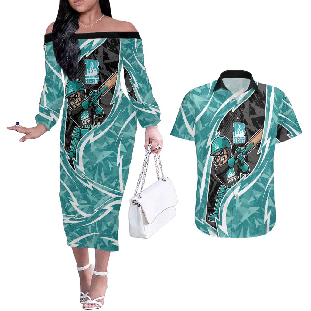 Brisbane Heat Couples Matching Off The Shoulder Long Sleeve Dress and Hawaiian Shirt Flaming Lightning Storm Geometric Sports Mascot Art