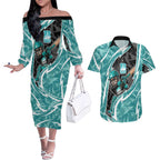 Brisbane Heat Couples Matching Off The Shoulder Long Sleeve Dress and Hawaiian Shirt Flaming Lightning Storm Geometric Sports Mascot Art