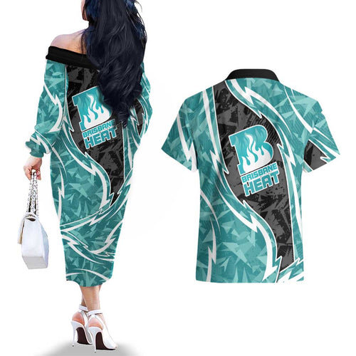 Brisbane Heat Couples Matching Off The Shoulder Long Sleeve Dress and Hawaiian Shirt Flaming Lightning Storm Geometric Sports Mascot Art
