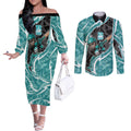 Brisbane Heat Couples Matching Off The Shoulder Long Sleeve Dress and Long Sleeve Button Shirt Flaming Lightning Storm Geometric Sports Mascot Art
