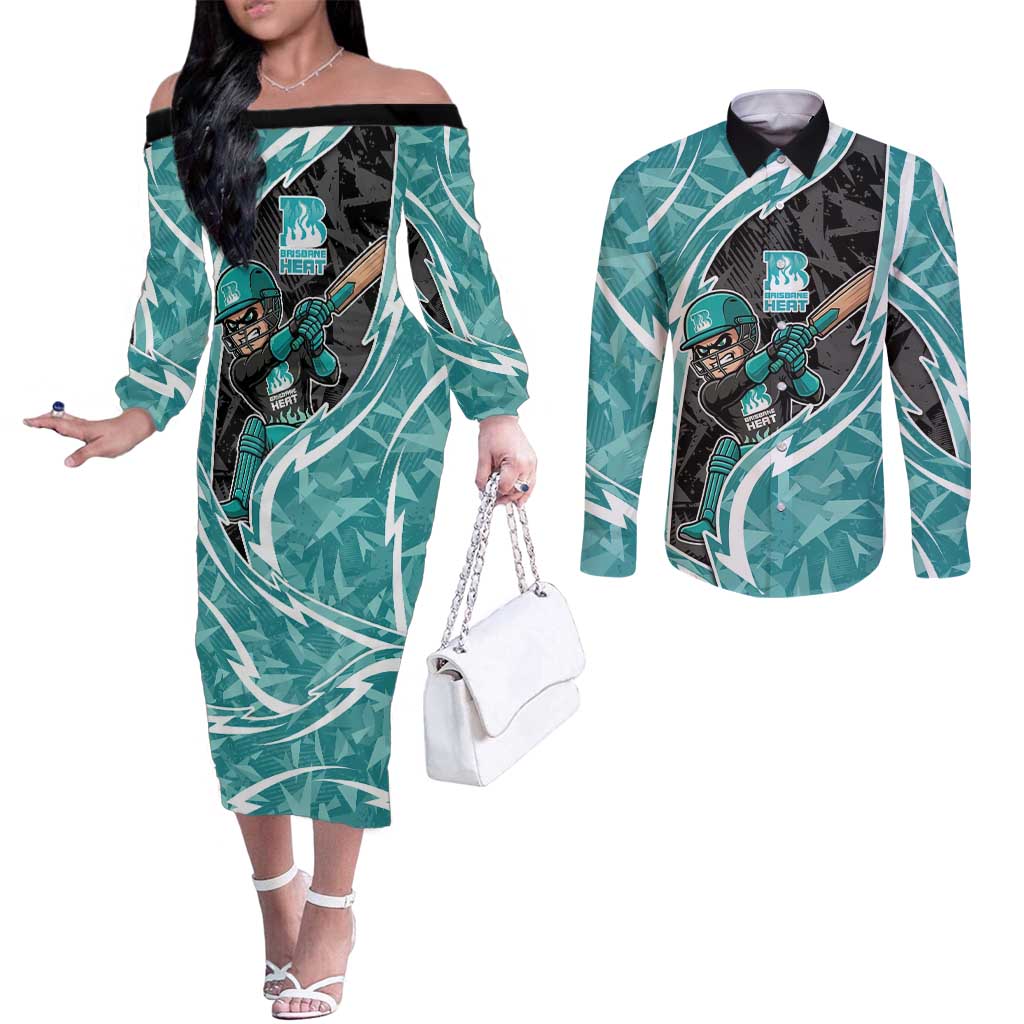 Brisbane Heat Couples Matching Off The Shoulder Long Sleeve Dress and Long Sleeve Button Shirt Flaming Lightning Storm Geometric Sports Mascot Art