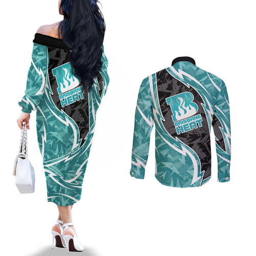 Brisbane Heat Couples Matching Off The Shoulder Long Sleeve Dress and Long Sleeve Button Shirt Flaming Lightning Storm Geometric Sports Mascot Art