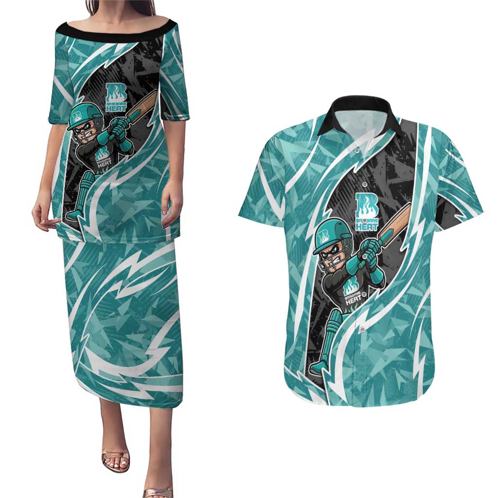Brisbane Heat Couples Matching Puletasi and Hawaiian Shirt Flaming Lightning Storm Geometric Sports Mascot Art