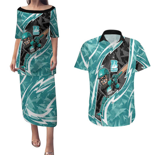 Brisbane Heat Couples Matching Puletasi and Hawaiian Shirt Flaming Lightning Storm Geometric Sports Mascot Art