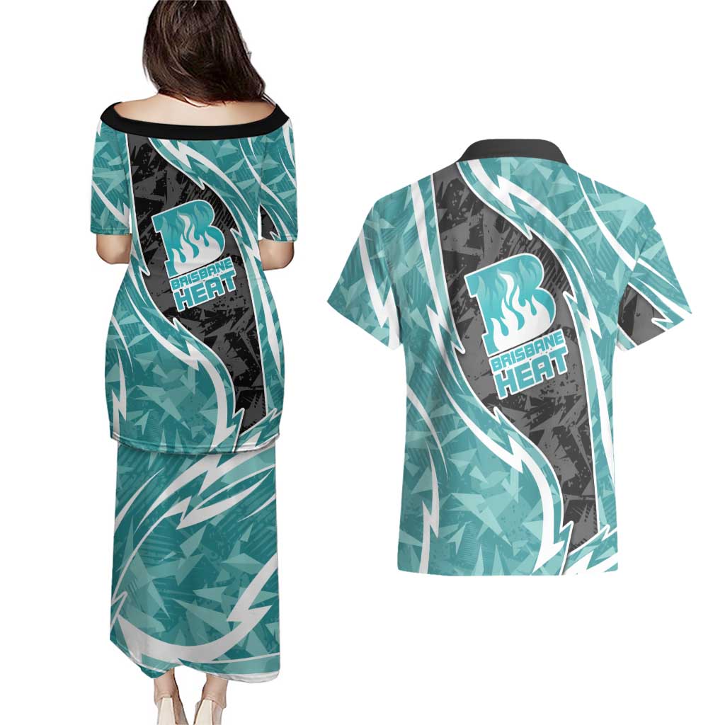 Brisbane Heat Couples Matching Puletasi and Hawaiian Shirt Flaming Lightning Storm Geometric Sports Mascot Art