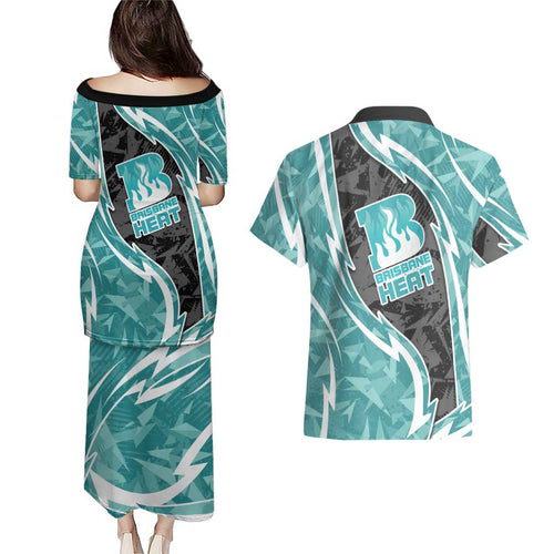 Brisbane Heat Couples Matching Puletasi and Hawaiian Shirt Flaming Lightning Storm Geometric Sports Mascot Art