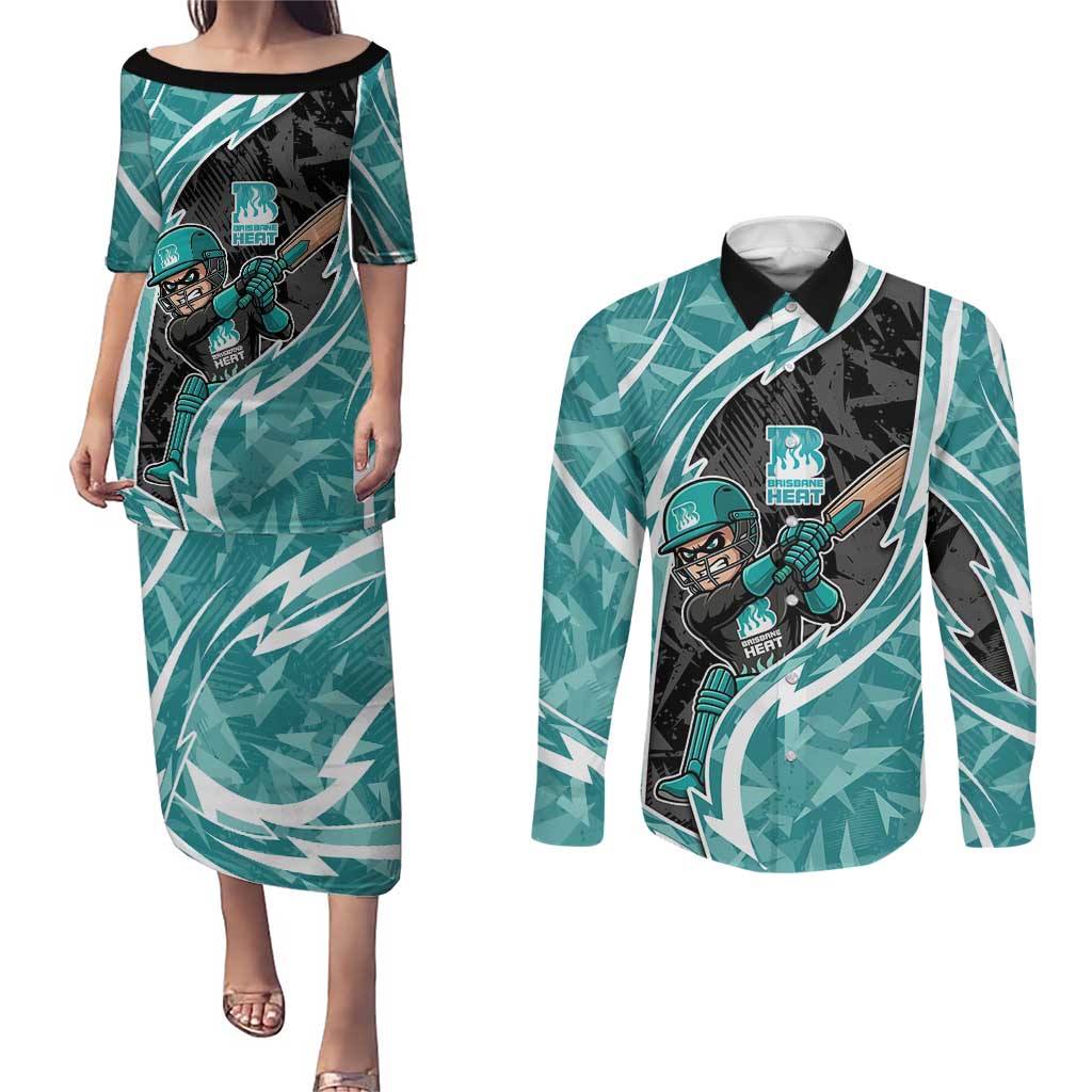 Brisbane Heat Couples Matching Puletasi and Long Sleeve Button Shirt Flaming Lightning Storm Geometric Sports Mascot Art