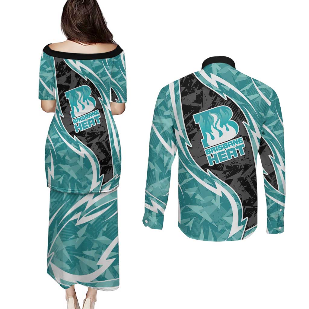 Brisbane Heat Couples Matching Puletasi and Long Sleeve Button Shirt Flaming Lightning Storm Geometric Sports Mascot Art