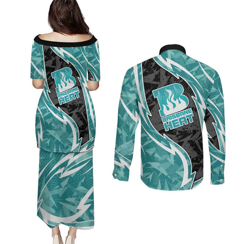 Brisbane Heat Couples Matching Puletasi and Long Sleeve Button Shirt Flaming Lightning Storm Geometric Sports Mascot Art