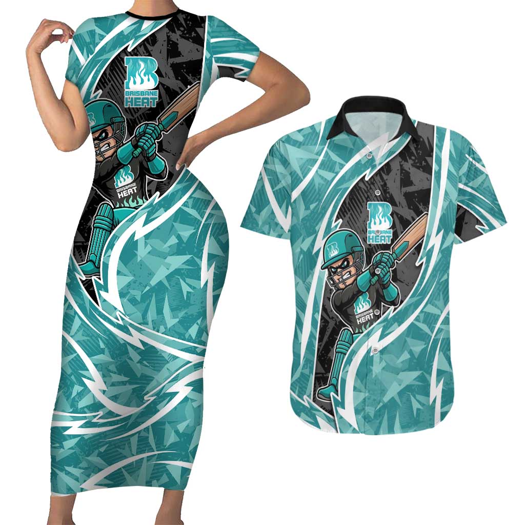 Brisbane Heat Couples Matching Short Sleeve Bodycon Dress and Hawaiian Shirt Flaming Lightning Storm Geometric Sports Mascot Art
